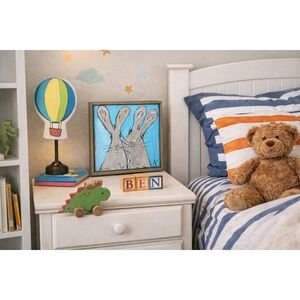 Hand‎ Painted Whimsical Rabbit Painting Acrylic on Canvas Framed 8x8 Blue Signed